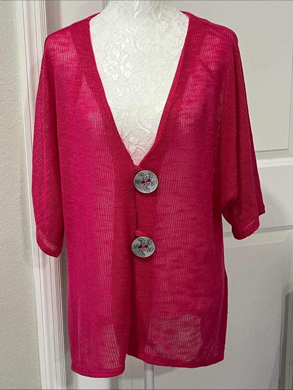 JM Collection Hot Pink Matte Silver Floral Button-Front Mesh Knit NWOT SZ L